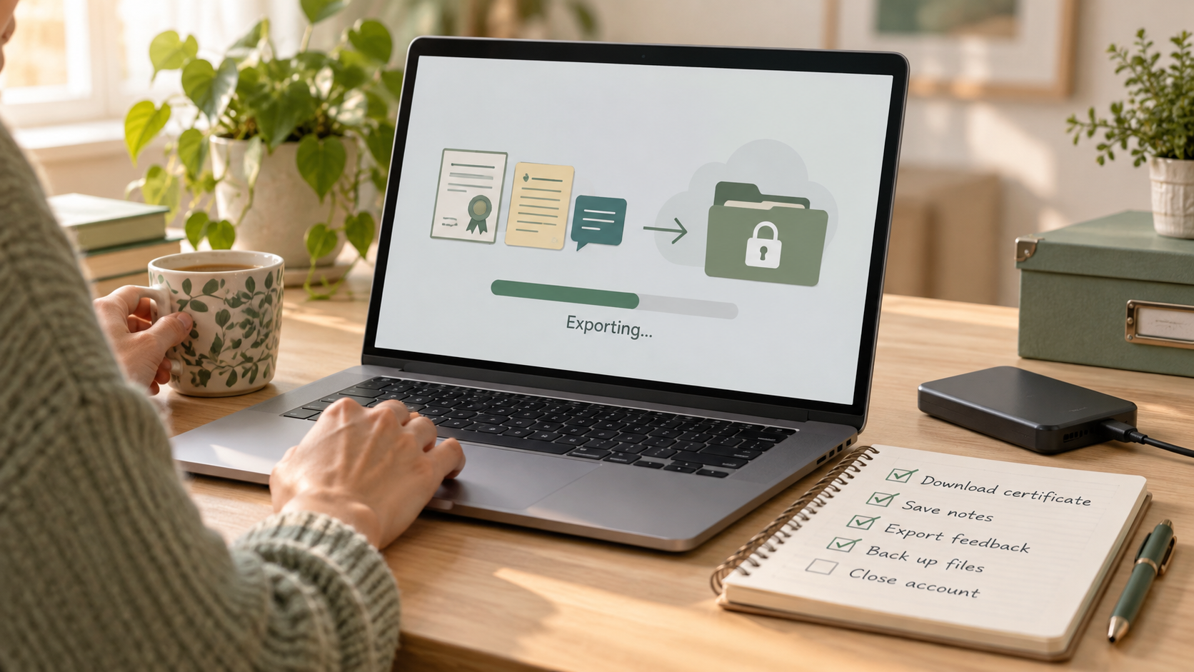 Adult learner exporting a certificate, notes and feedback from a course account to a secure archive