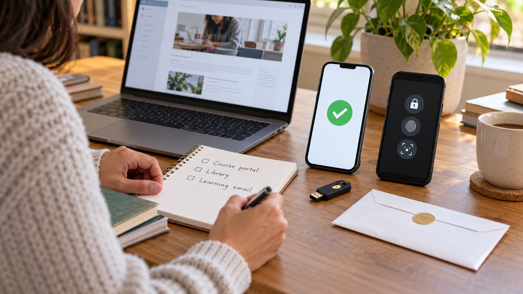 Adult learner checking course accounts while a new phone shows a successful security check and an old phone shows masked security icons
