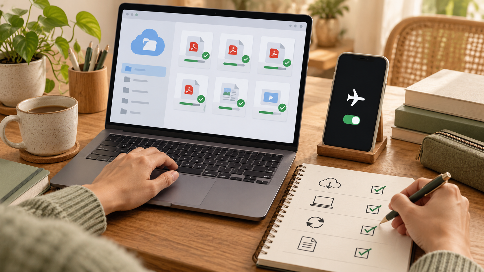 An adult learner checks downloaded course files on a laptop while a phone is in airplane mode and a paper checklist tracks offline readiness.