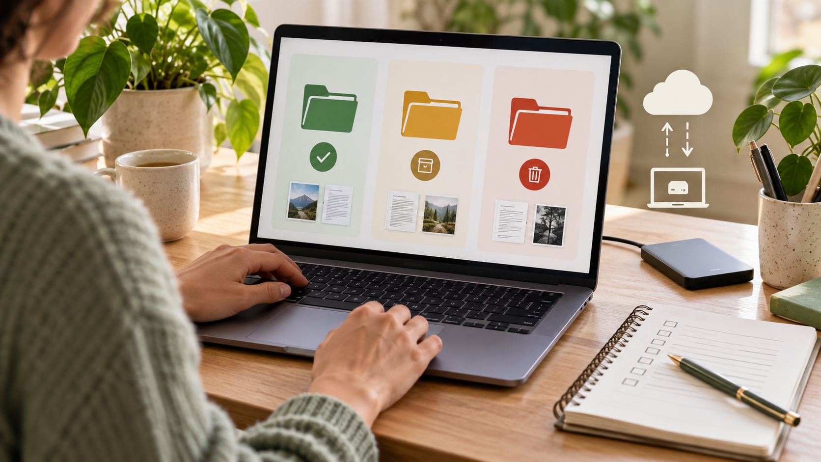 Adult learner sorting digital course files into keep, archive and delete groups beside cloud and local storage symbols
