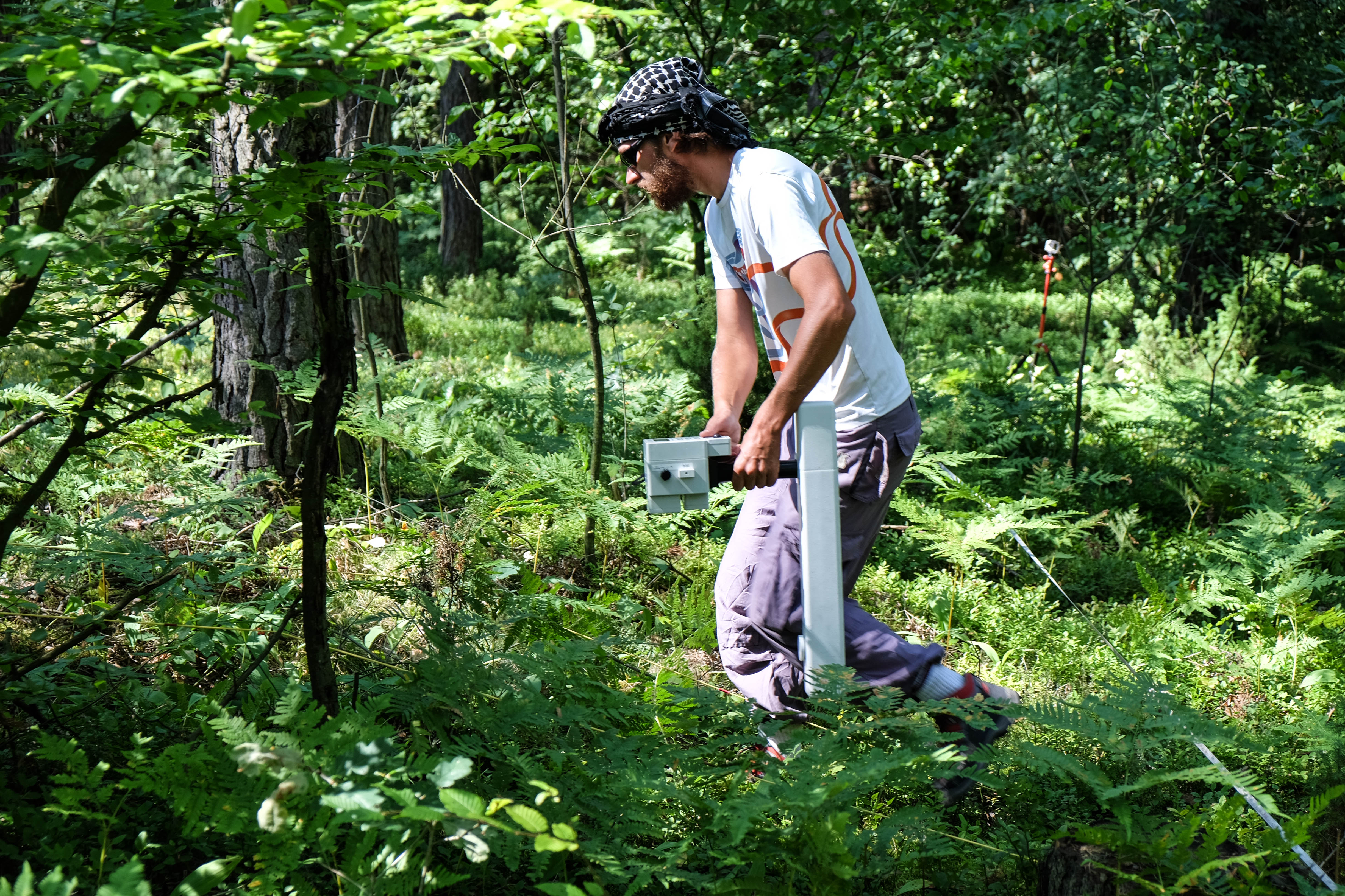Archaeologist performing non-destructive geophysical prospection at an early medieval cemetery site in Chodlik, Poland; photograph by Łukasz Miechowicz.