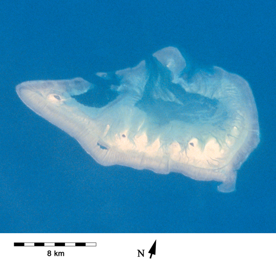 Satellite view of Ashmore Reef in the Timor Sea showing reef flats and the surrounding ocean
