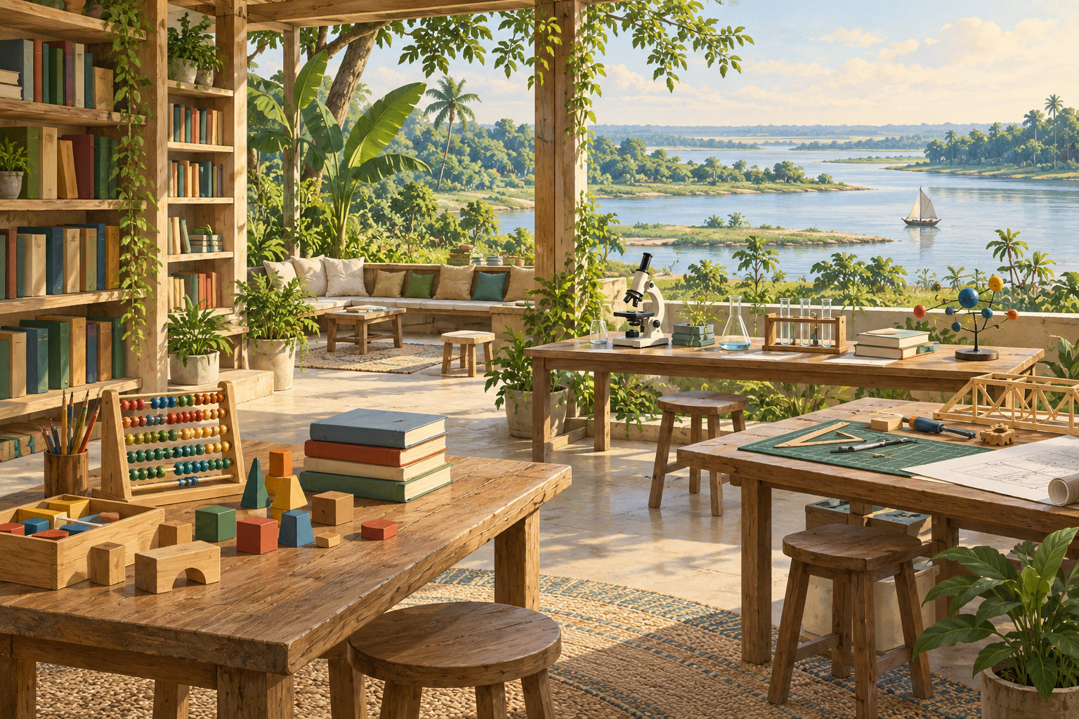 Original AI-generated editorial illustration of books, science and technical learning in an imagined Bangladesh-inspired setting, not an actual school.