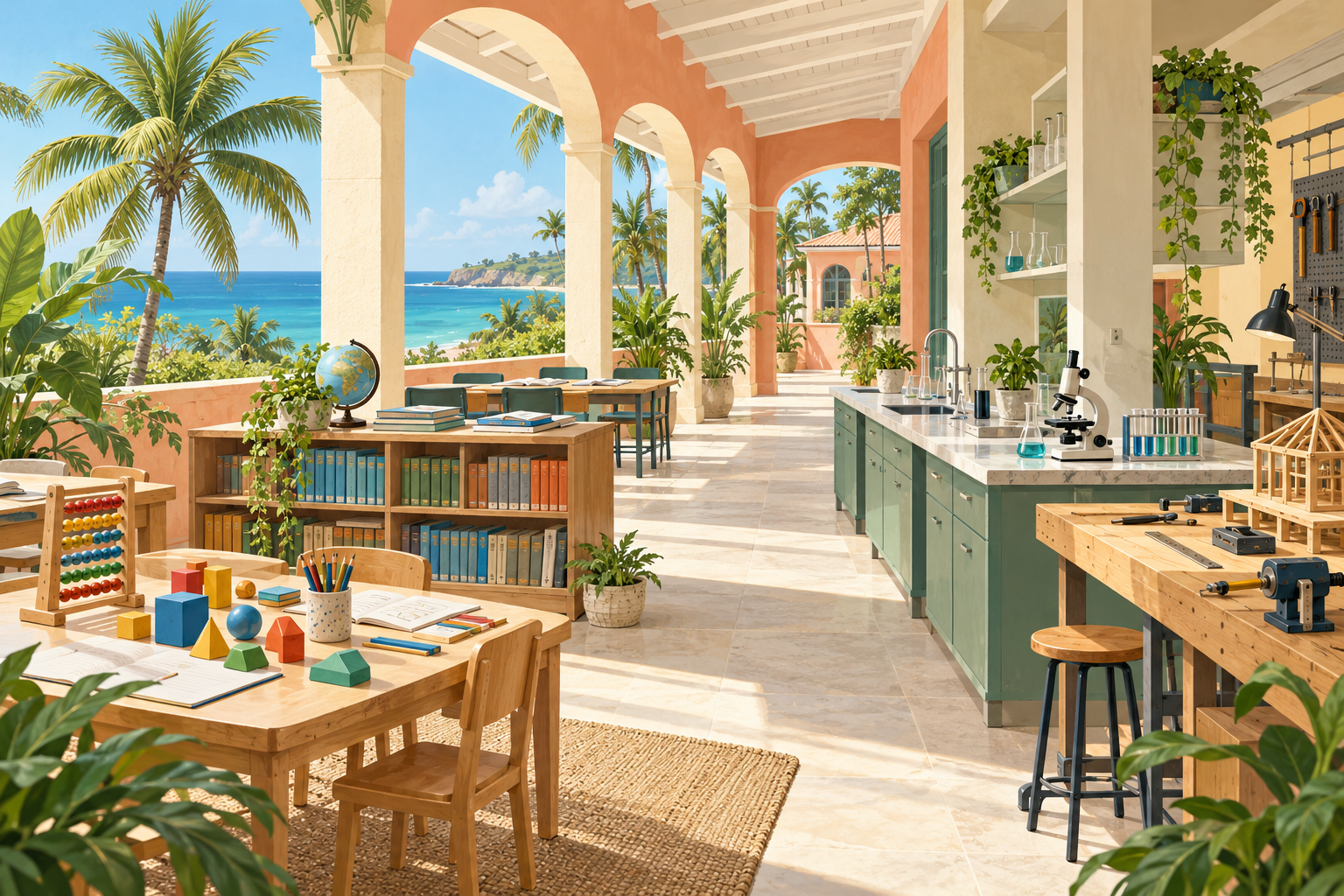 Original AI-generated editorial illustration of books, science and technical learning in an imagined Barbados-inspired setting, not an actual school.