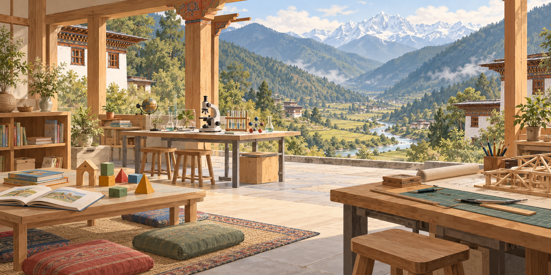 AI-generated editorial illustration of books, science and technical learning in an imagined Bhutan-inspired setting.