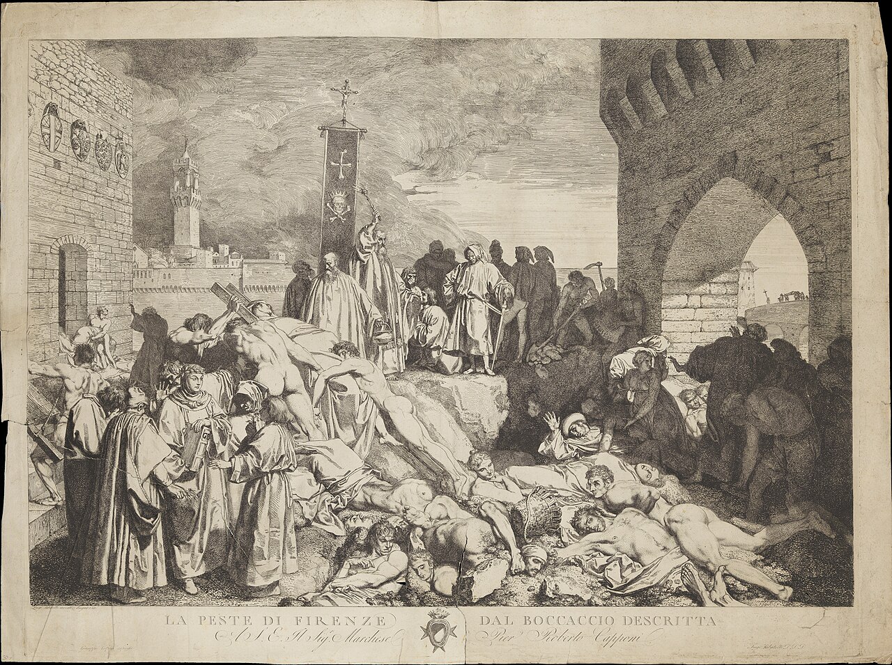 Historical etching depicting a later artistic interpretation of the plague in Florence in 1348, based on Boccaccio’s account.