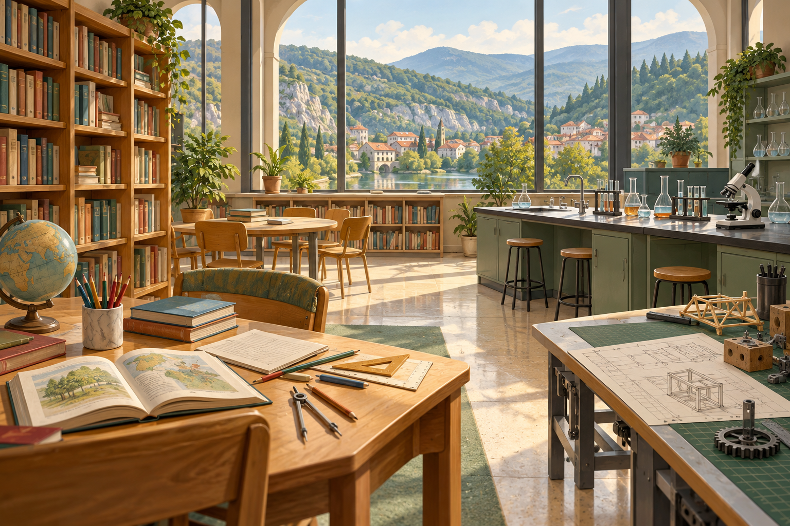AI-generated editorial illustration of books, science and technical learning in an imagined Bosnia and Herzegovina-inspired setting.