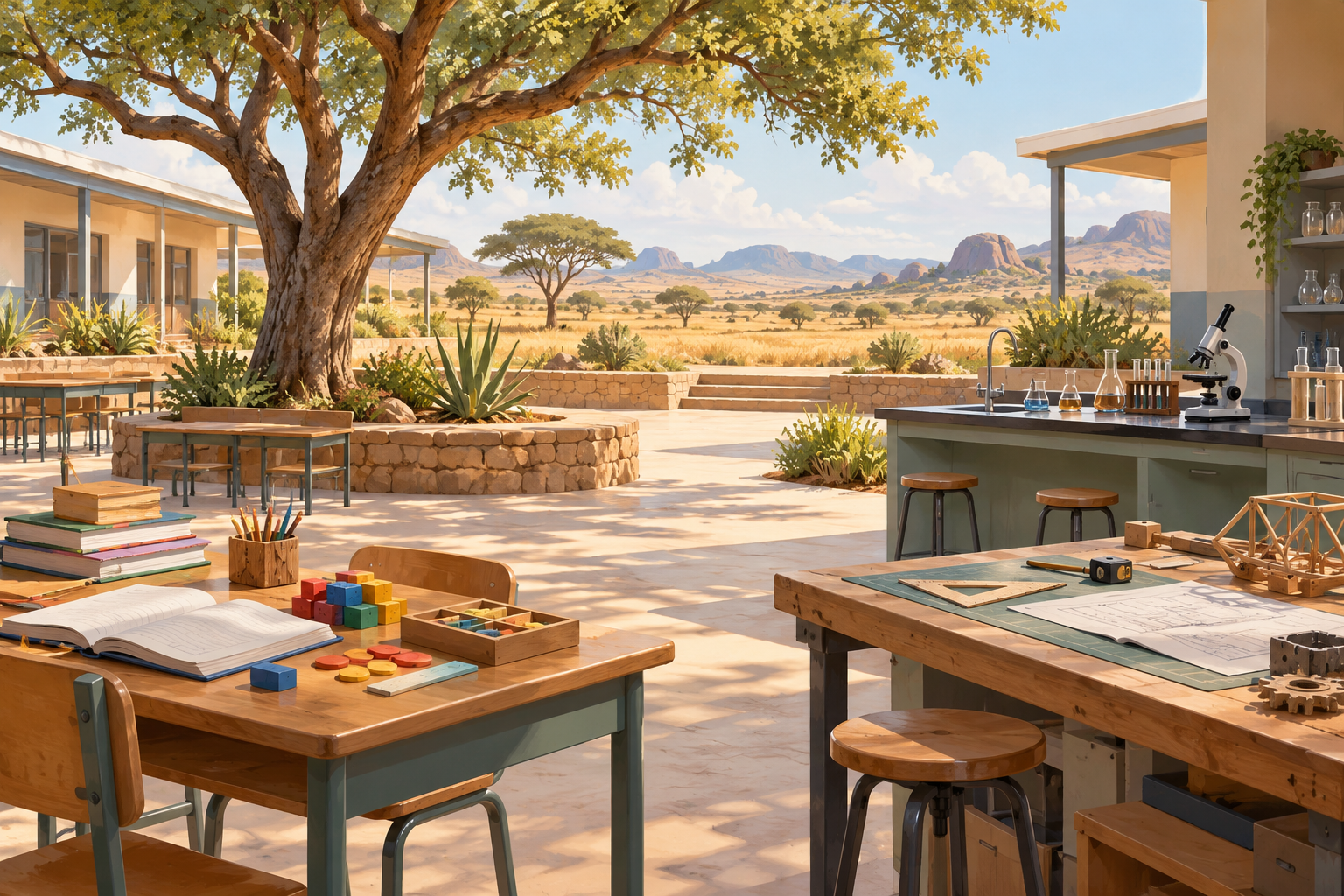 AI-generated editorial illustration of books, science and technical learning in an imagined Botswana-inspired setting.