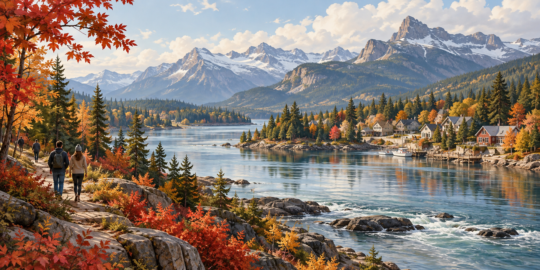 Original illustration of a broad river, forest, mountains and a waterfront community framed by autumn foliage.