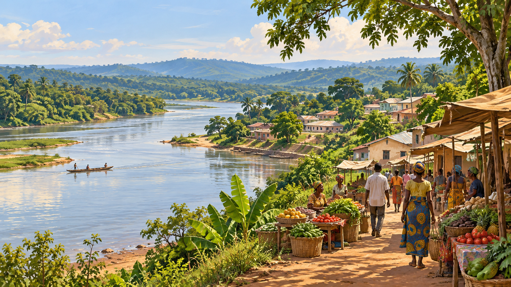 Original illustration of a broad river, green hills and a riverside community with produce stalls.