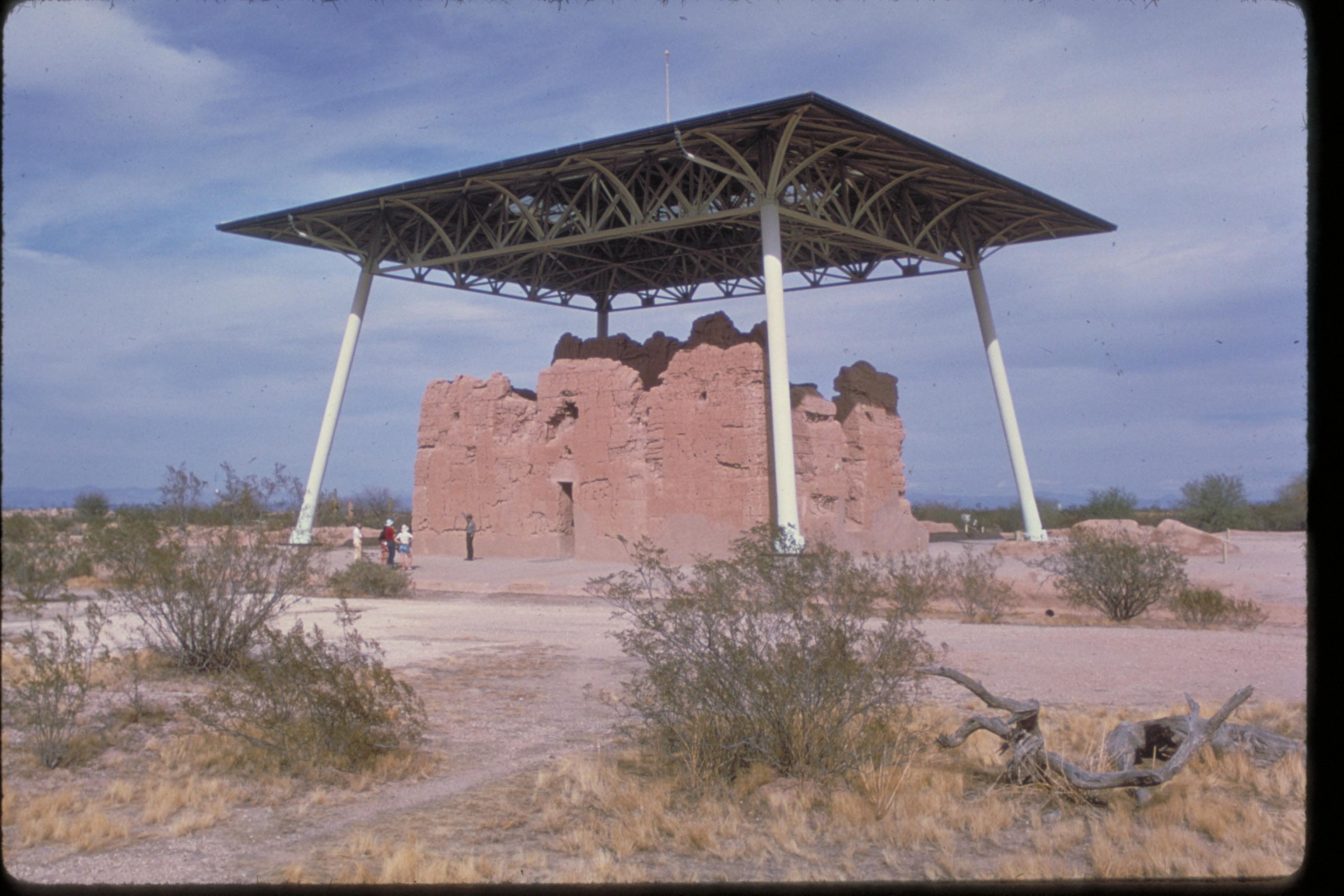 Historic adobe Great House at Casa Grande Ruins National Monument in Arizona protected by a modern shade shelter.