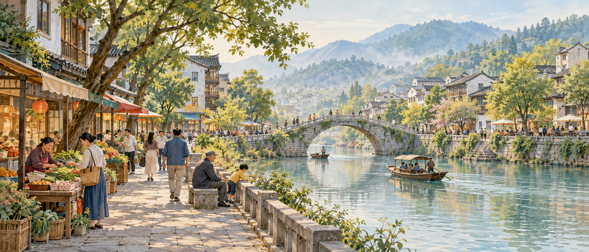 Original illustration of a riverside neighbourhood, market, footbridge, trees and distant hills.