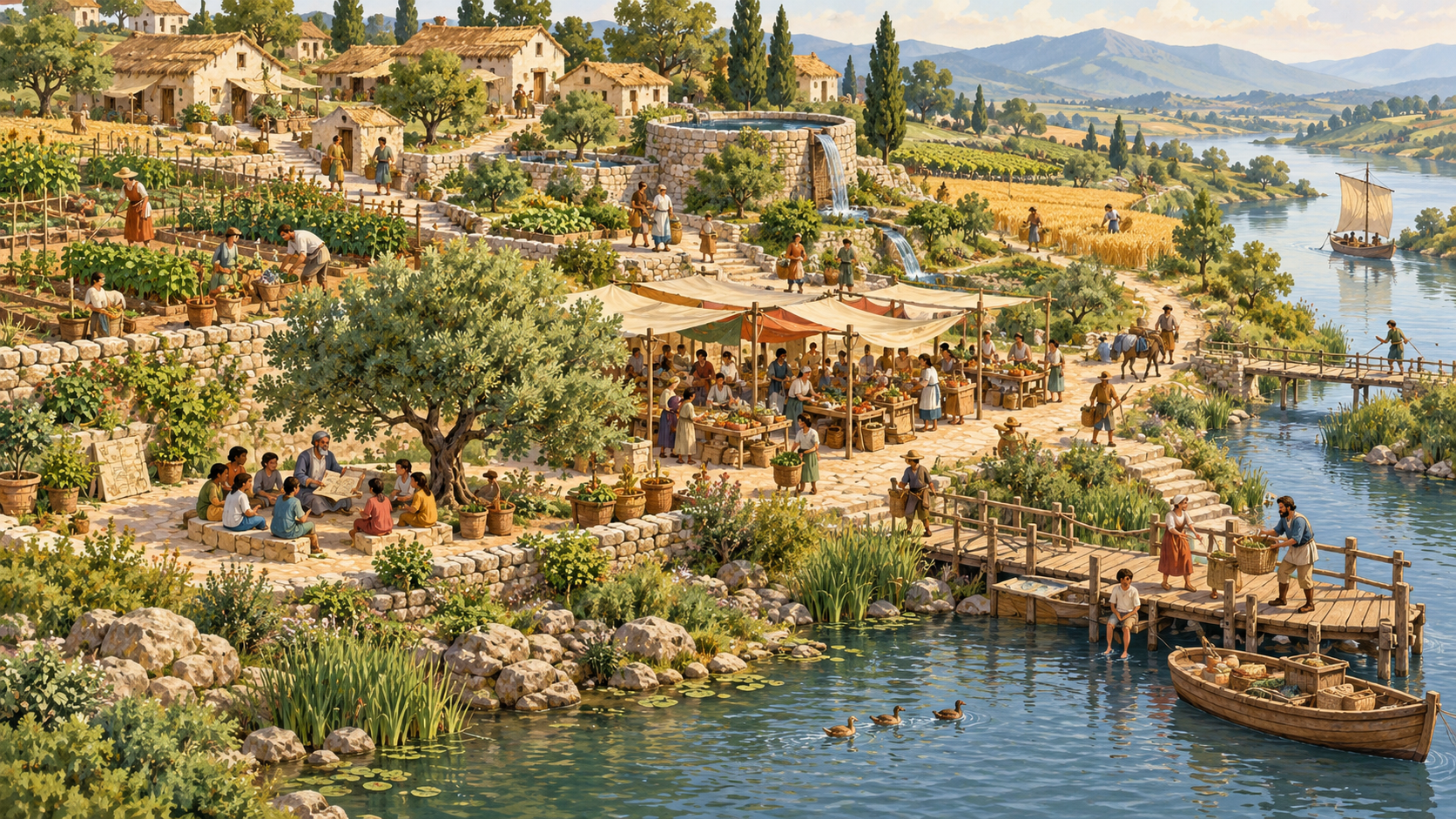 Illustrated riverside settlement with homes, fields, a covered market and people learning and working together.