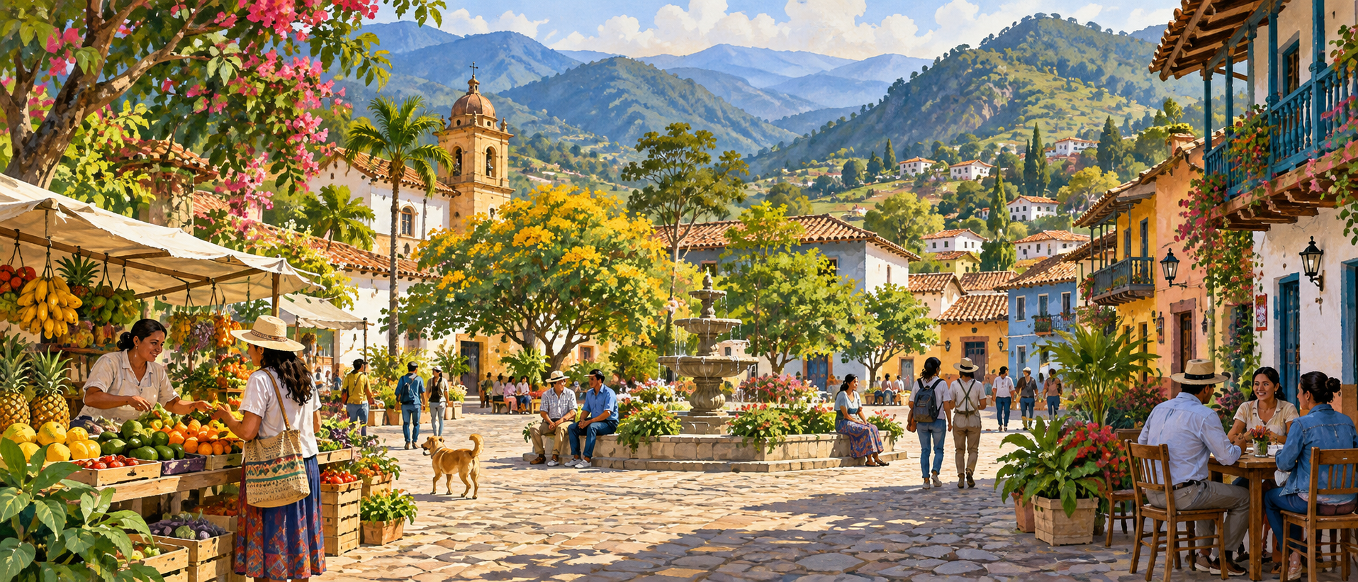 Original illustration of a mountain town plaza, produce market, colourful homes and distant green hills.