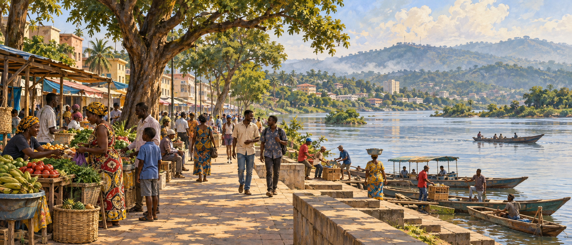 Original illustration of a riverside neighbourhood, shaded market, boat landing and distant green hills.