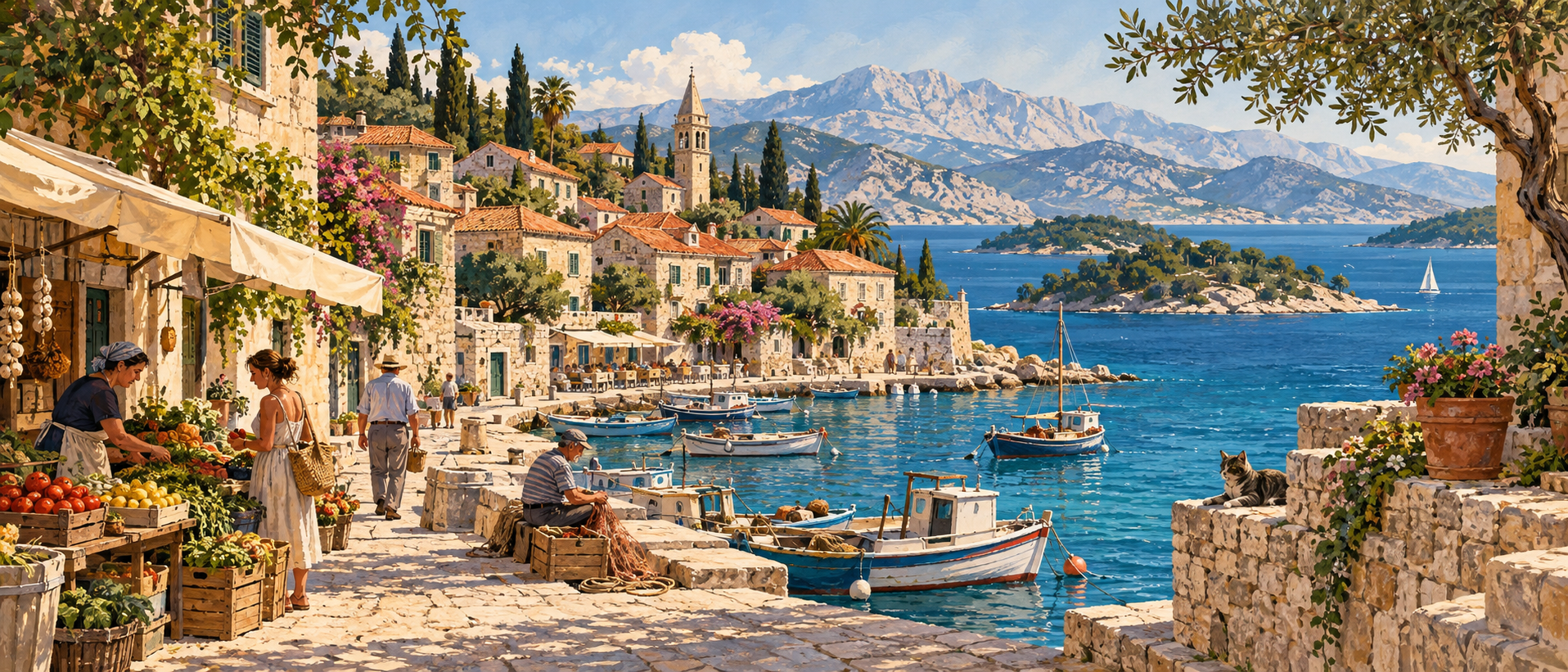 Original illustration of a stone waterfront town, fishing boats, a produce stall, blue sea and distant pale hills.