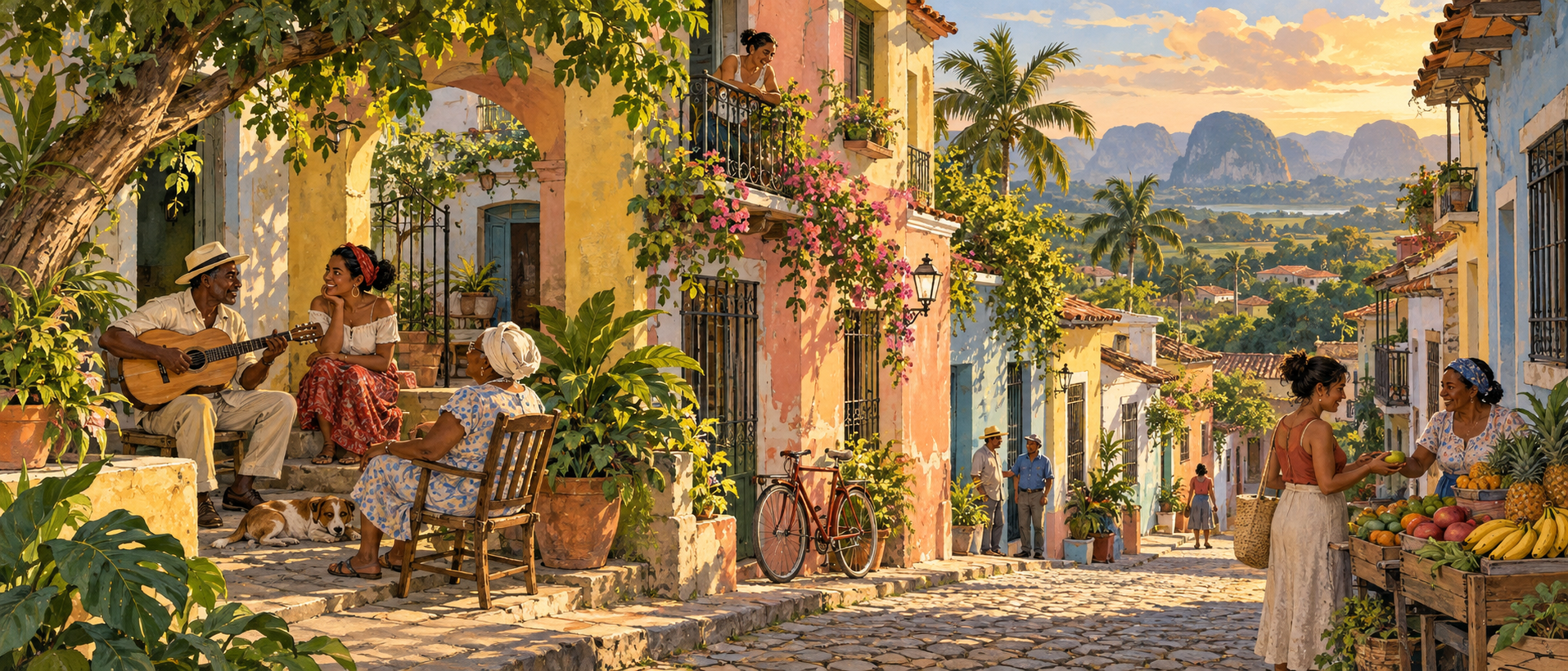 Original illustration of neighbours, a musician, a bicycle and a fruit stall among colourful houses, trees and distant hills.