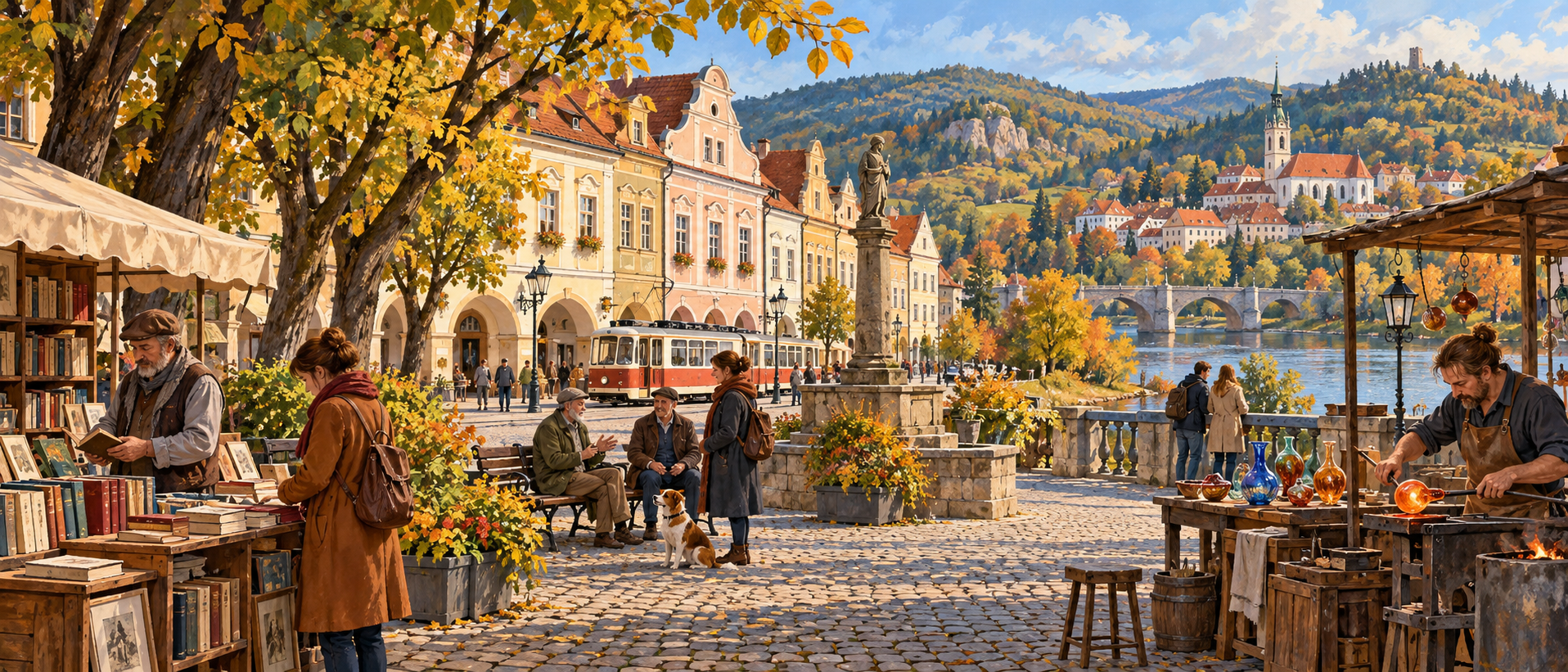 Original illustration of a bookseller, glass artisan, neighbours and a tram in a tree-lined town square beside a river and wooded hills.
