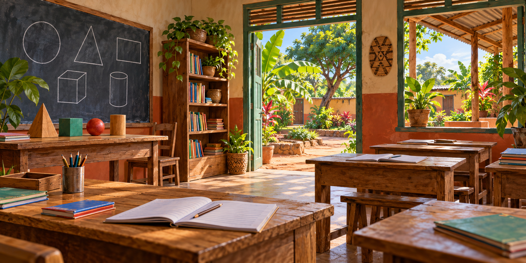 AI-generated illustration of an imagined learning room with desks, books and geometry aids opening onto a leafy courtyard.