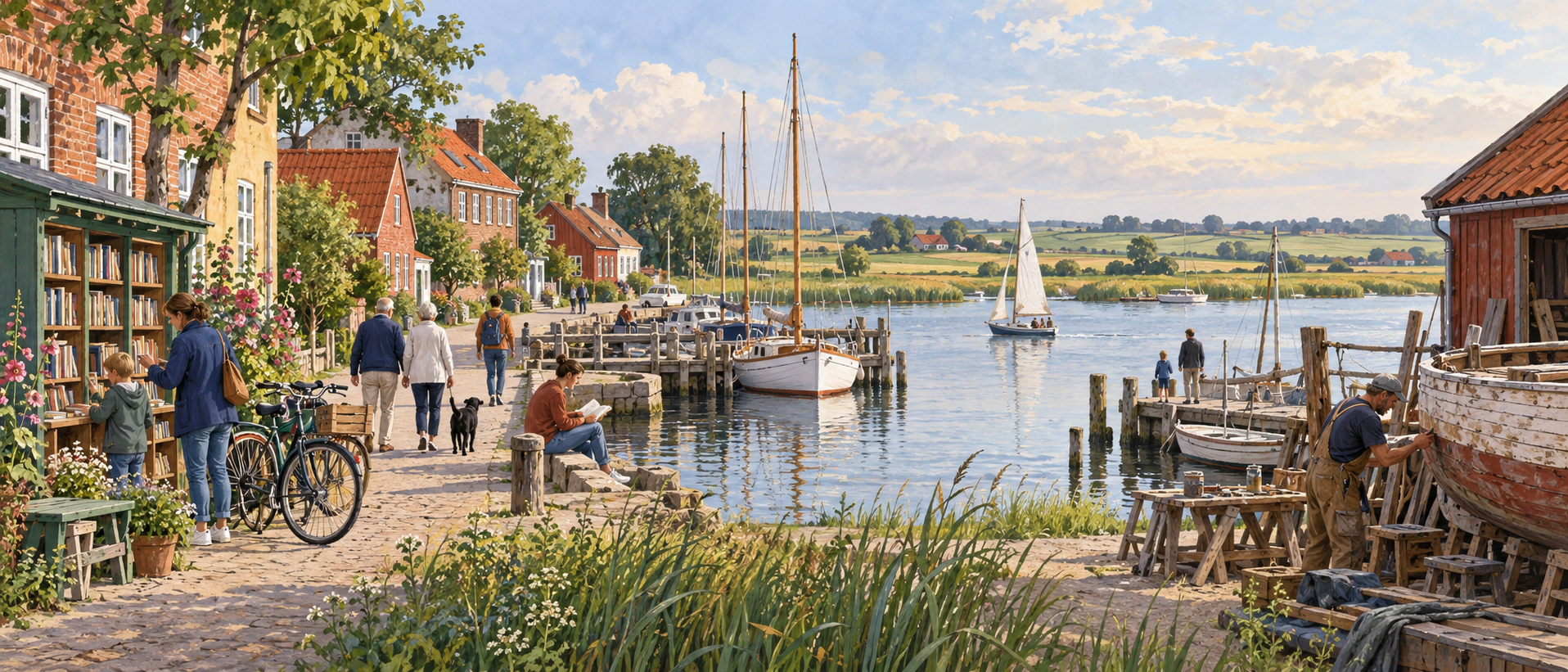 Original illustration of a bookstall, bicycles, neighbours and a boat-repair craftworker beside a calm harbour and distant flat farmland.