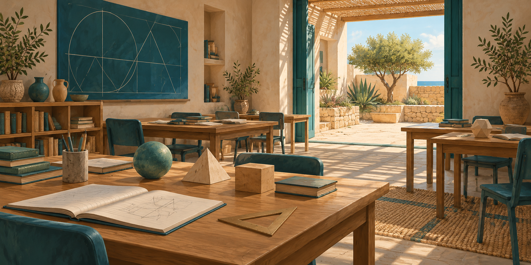 AI-generated illustration of an imagined shaded study room with books and geometry models beside a quiet courtyard.