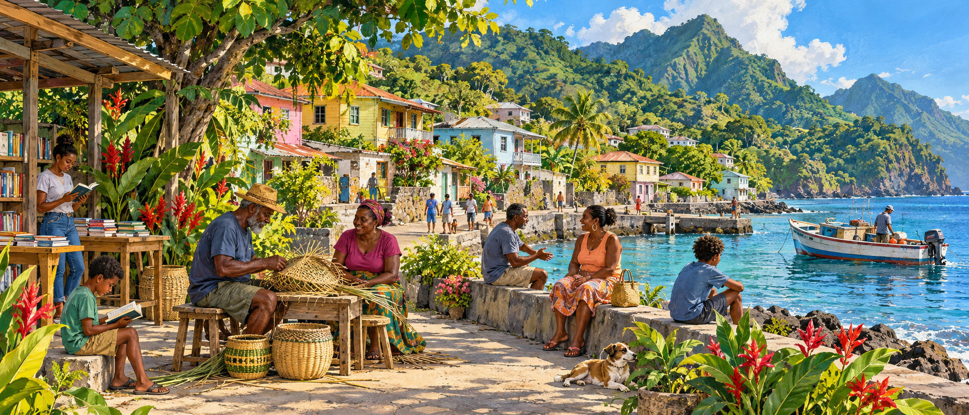 Original illustration of readers, a basket craftworker and neighbours beside colourful coastal houses, a fishing boat and lush green hills.