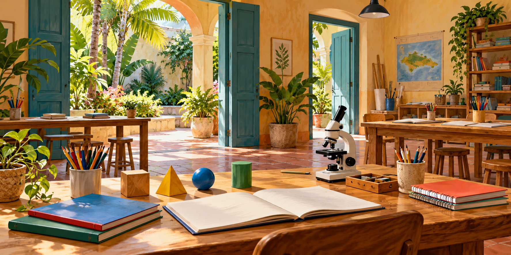 AI-generated illustration of an imagined learning studio with books, geometric models and a microscope beside a tropical courtyard.
