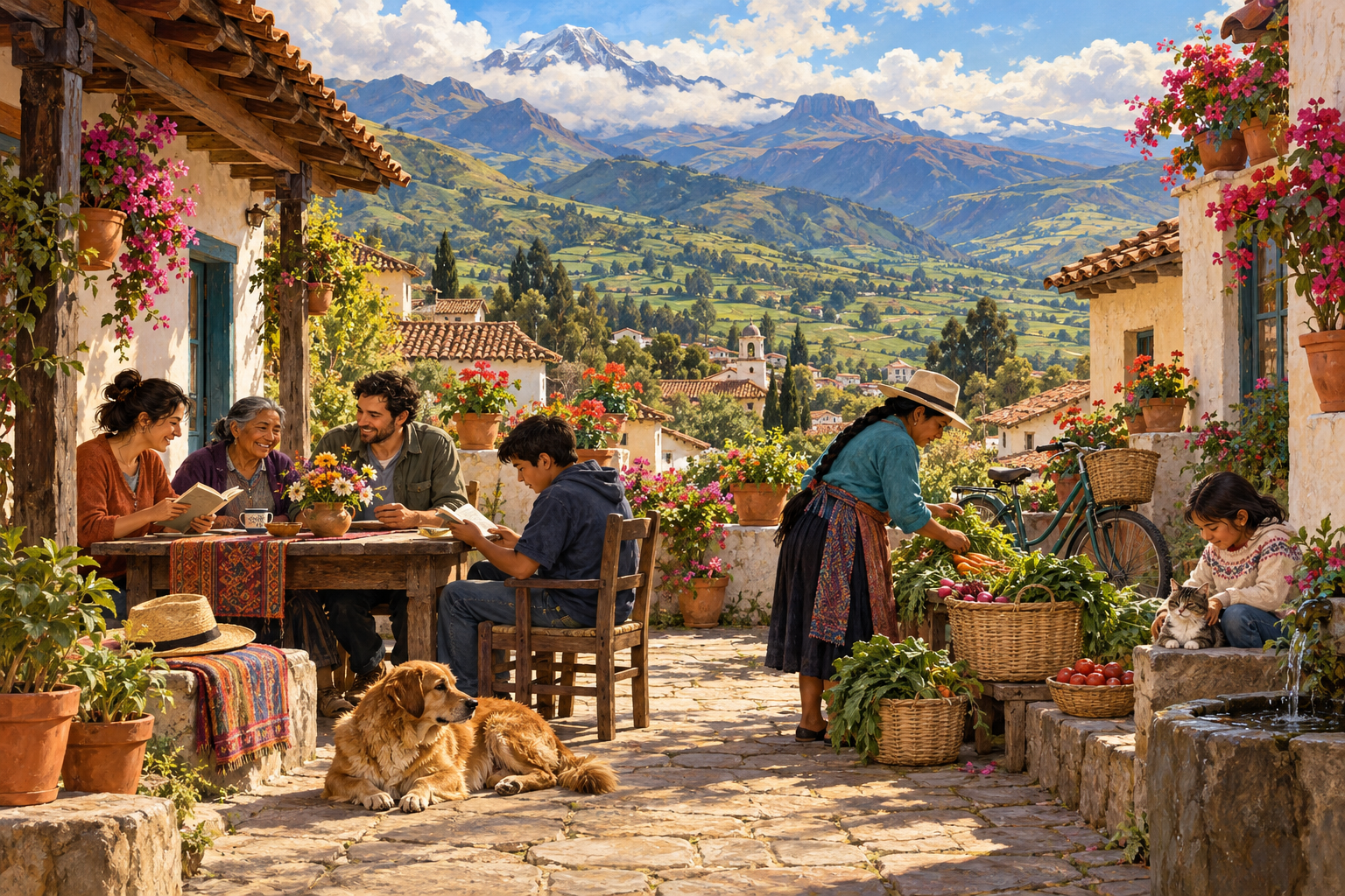 Original AI-generated nonliteral illustration of neighbours reading and arranging produce in an Andean courtyard inspired by Ecuador, with green valleys and distant mountains.