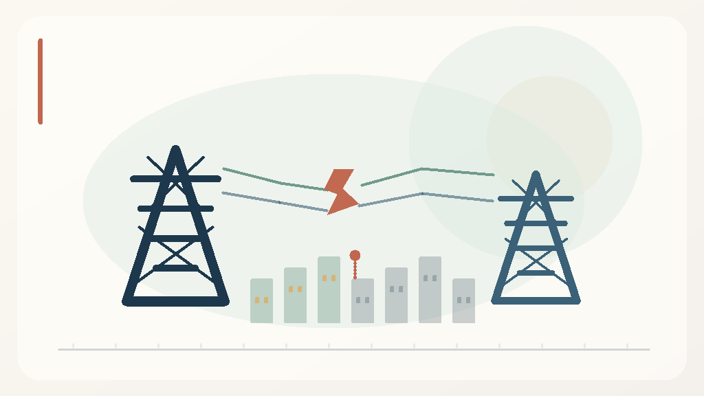 Original educational editorial artwork of transmission towers, a broken electrical connection and a partially darkened neighbourhood, representing cascading power-grid failure.