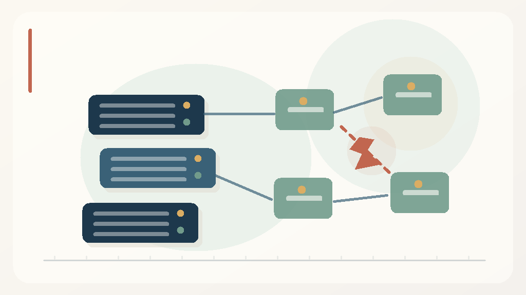 Original educational editorial illustration of server racks, interconnected services and one broken dependency, representing a cascading software outage.