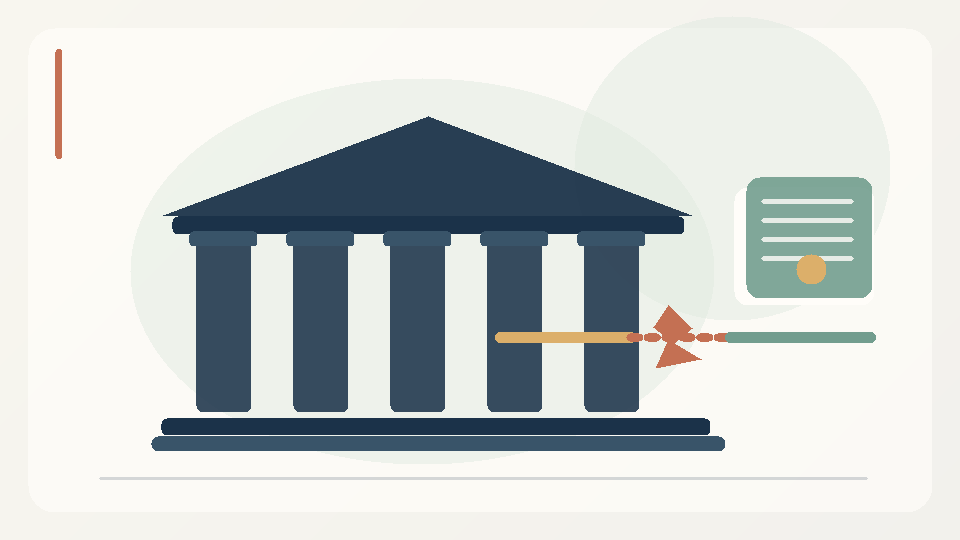 Original editorial illustration of a courthouse, legal documents and a broken path to justice, representing delay and unequal access.