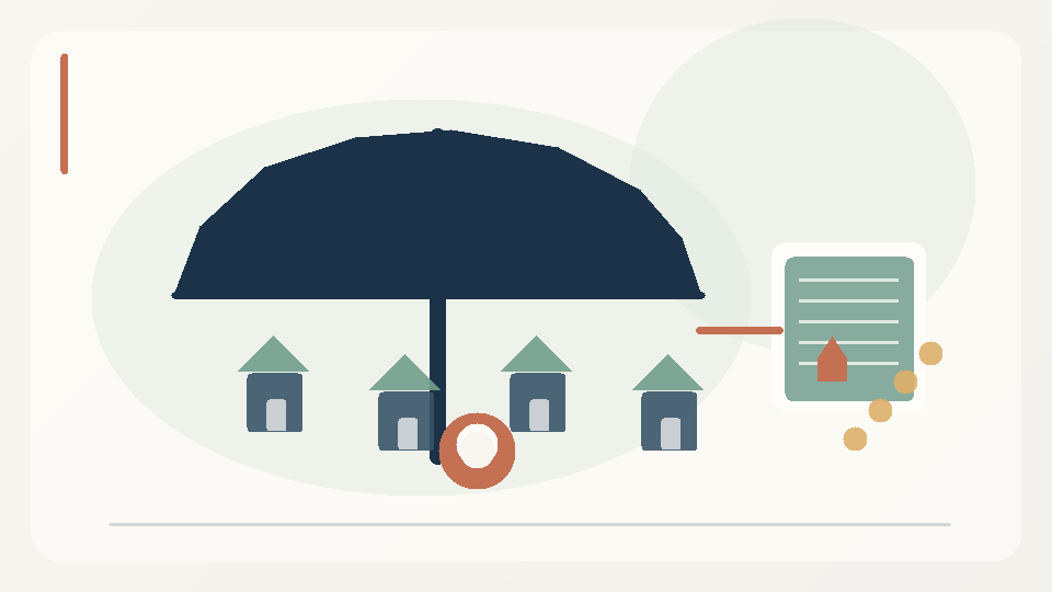 Original editorial illustration of an umbrella sheltering several homes, insurance records and a damaged link between claims and reserves.