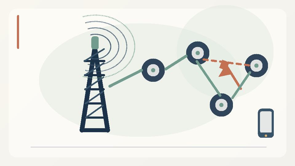 Original editorial illustration of telecommunications tower, connected data nodes, a broken network route and a disconnected phone.