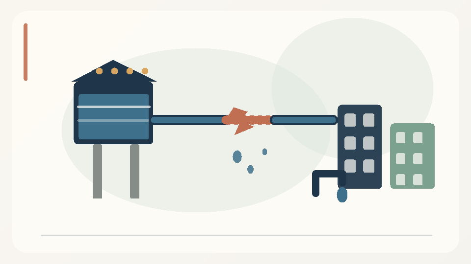 Original editorial illustration of a reservoir, broken water main, droplets, and apartment buildings symbolising failures in municipal drinking-water supply.