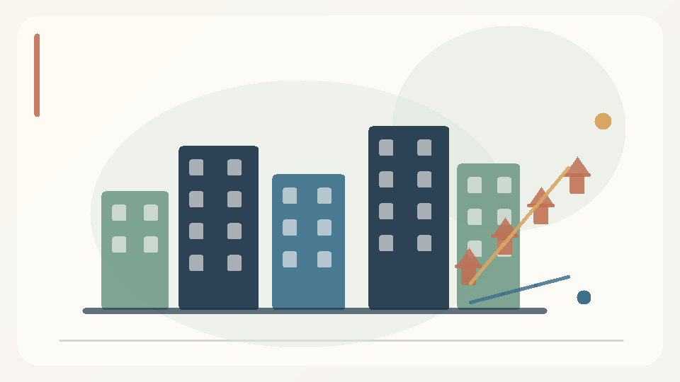 Original conceptual illustration of apartment housing blocks and diverging housing costs and incomes symbolising unaffordable housing markets.