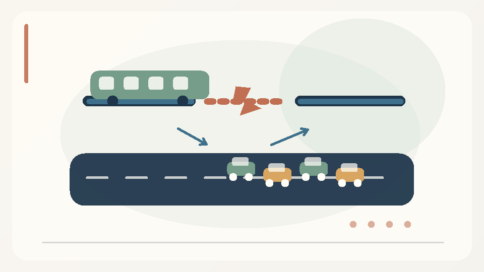 Original editorial illustration of transit routes, passenger train, broken network connection and congested road vehicles.