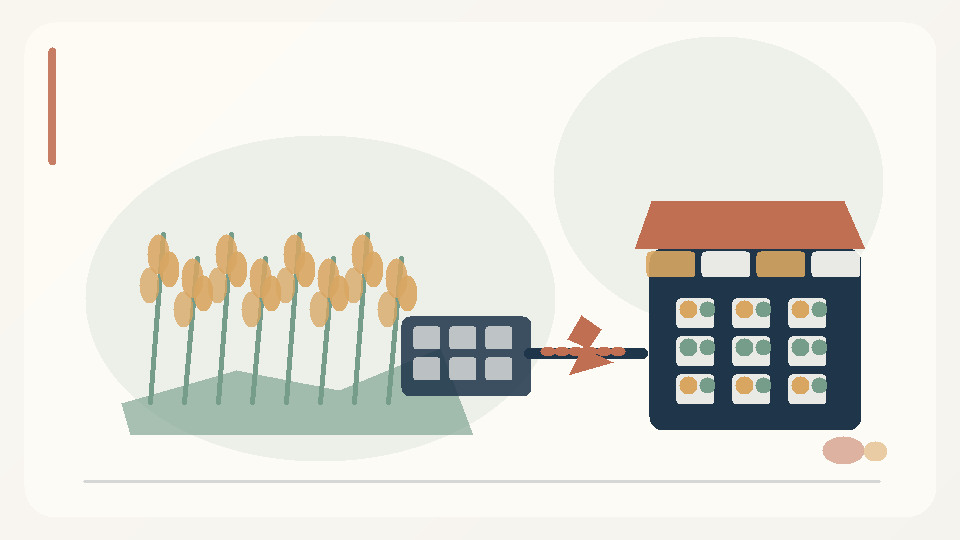 Original editorial illustration of grain fields, produce containers, a broken distribution connection and grocery shelves representing food-system fragility.