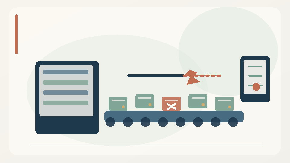 Original conceptual educational illustration of a production conveyor with a defective component, inspection station and broken quality handoff.