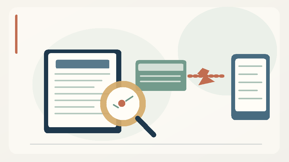 Original conceptual educational illustration of a newsroom report, magnifying glass, evidence notes and broken verification handoff.