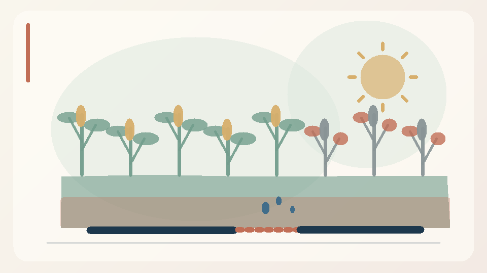 Original conceptual editorial illustration of healthy and stressed crops, degraded soil, broken irrigation pipe and heat, explaining agricultural risk.