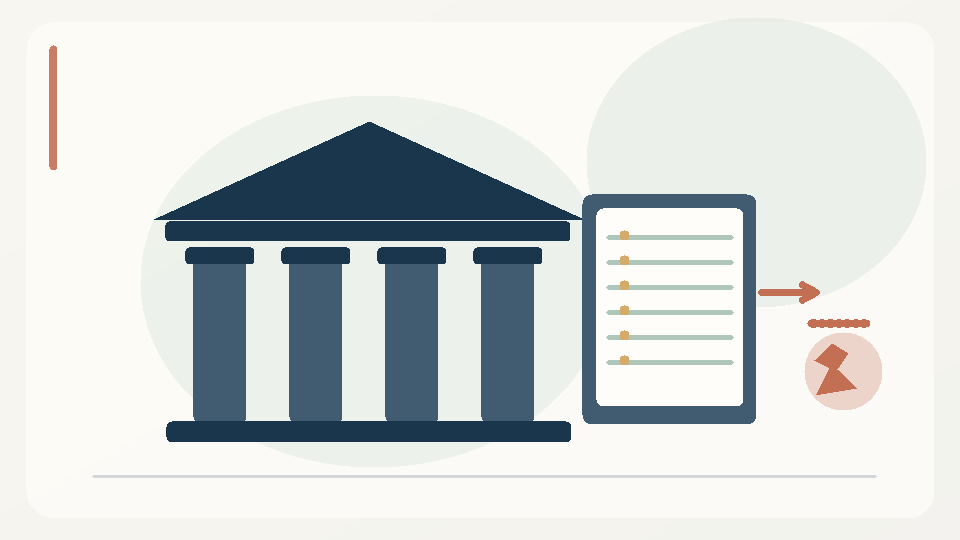 Editorial illustration of a civic finance building, tax ledger and a broken link between revenue collection and public services.
