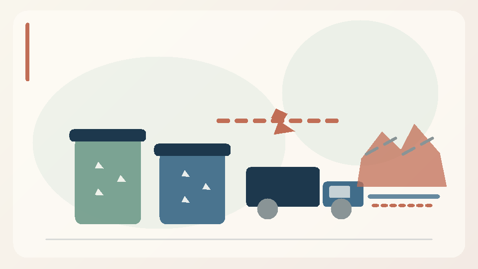 Original conceptual editorial illustration of recycling and general-waste bins, collection vehicle, open waste heap and runoff risk.