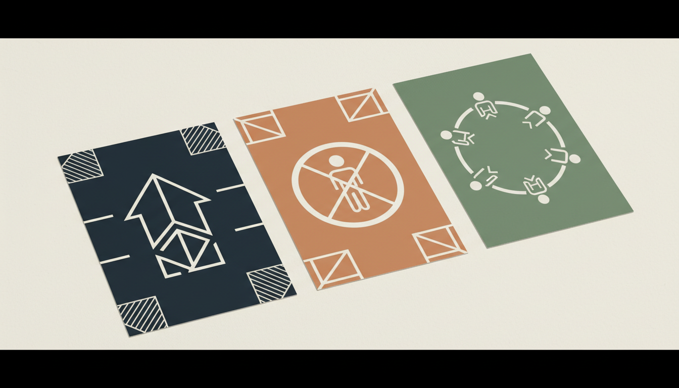 Original editorial illustration of an imperative action, a prohibition and a shared instruction shown with simple abstract symbols.