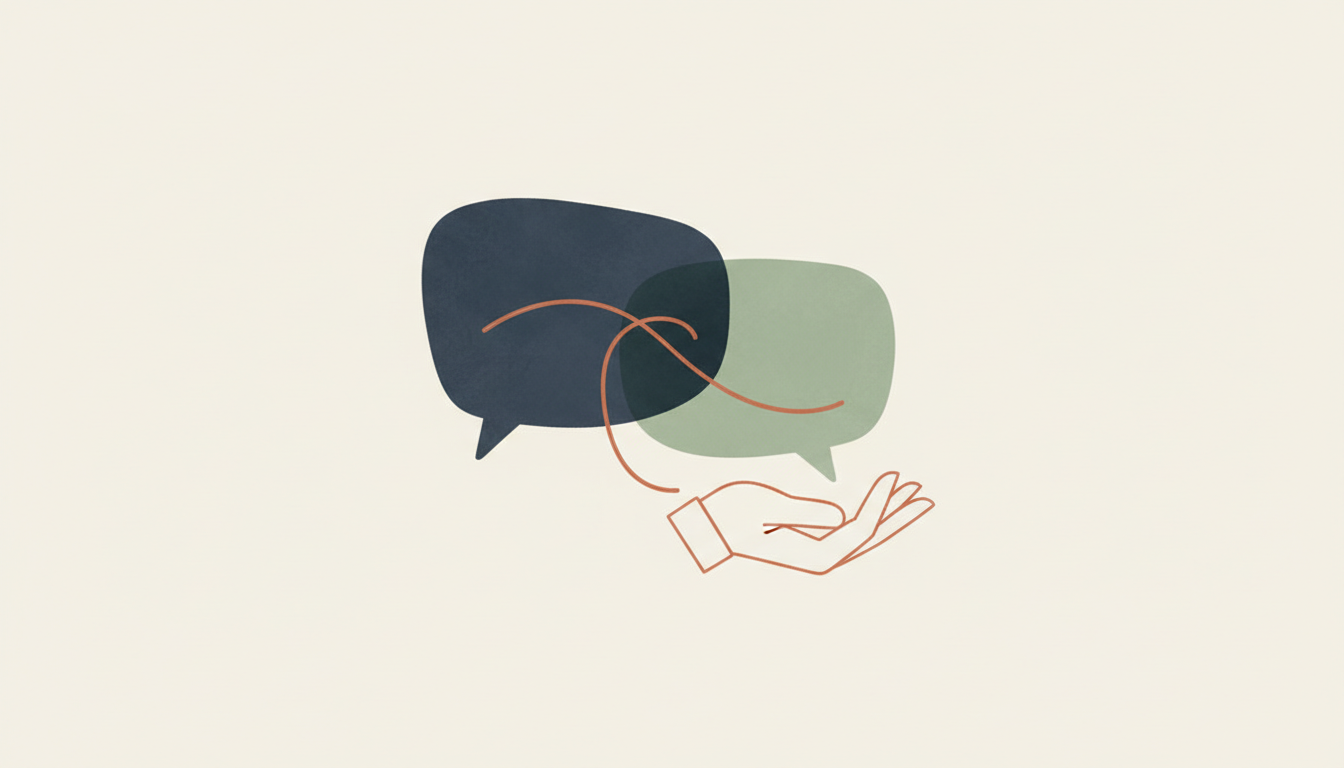Original conceptual illustration of a courteous request between two conversational panels, with a visual gesture of choice and response.