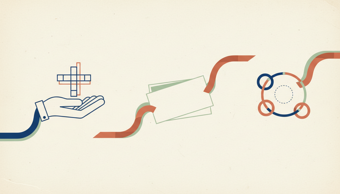 Original abstract editorial illustration of a volunteered offer, an invitation and a collaborative suggestion, represented by three distinct conversation paths.