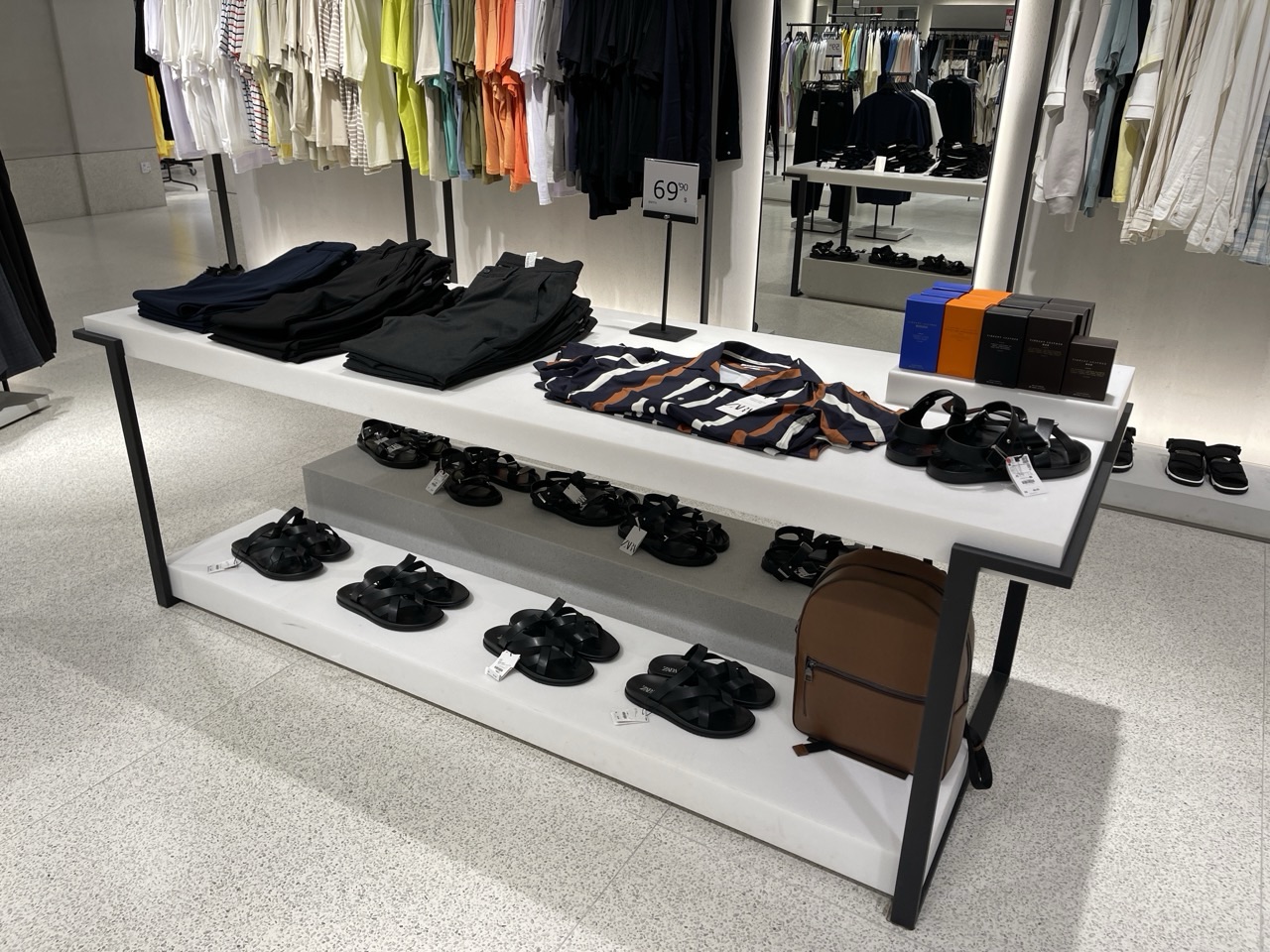 Men's shirt, trousers, shoes and bag displayed together with price tags.