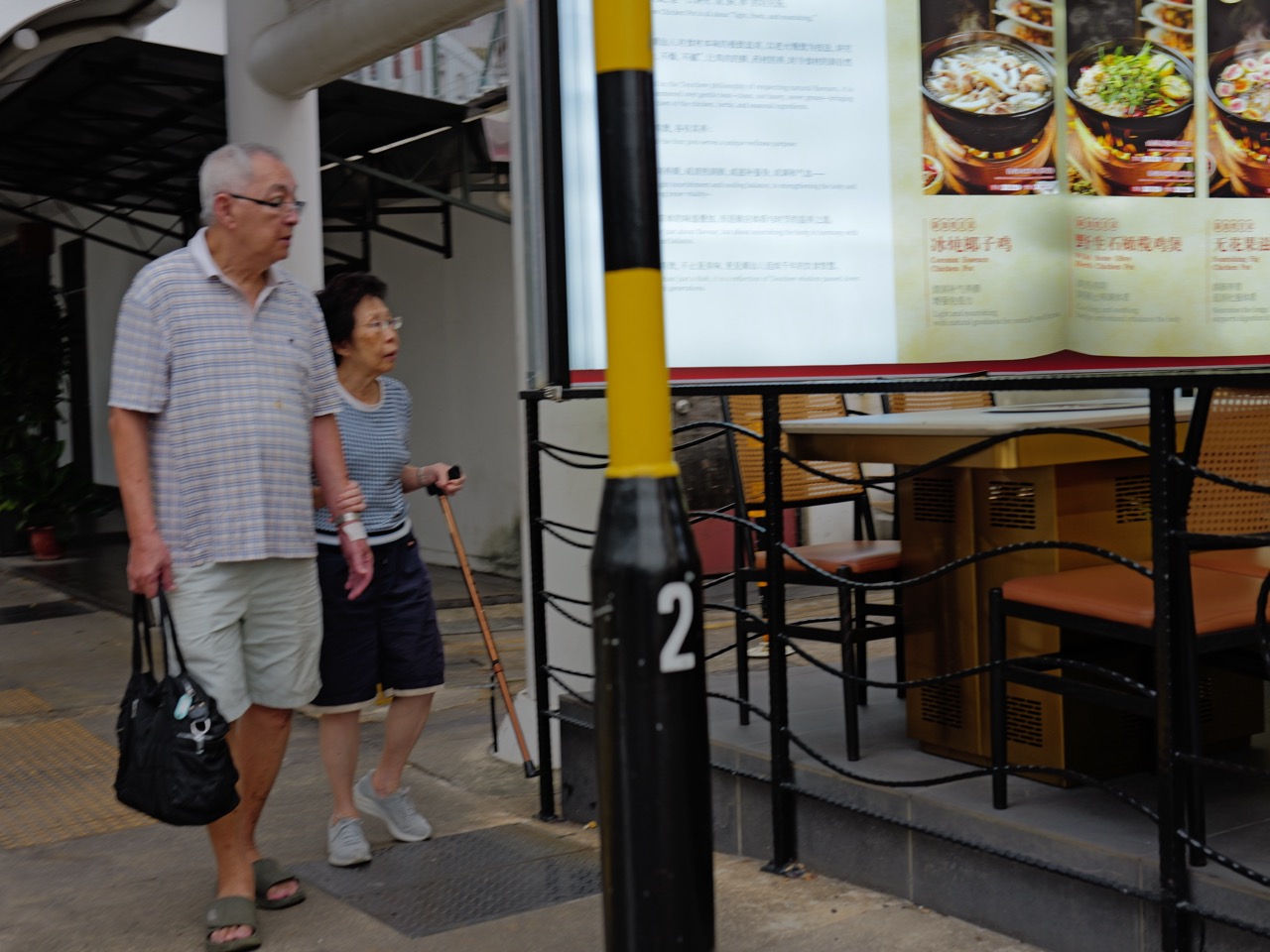 Two pedestrians using walking sticks along Cheong Chin Nam Road in Bukit Timah.