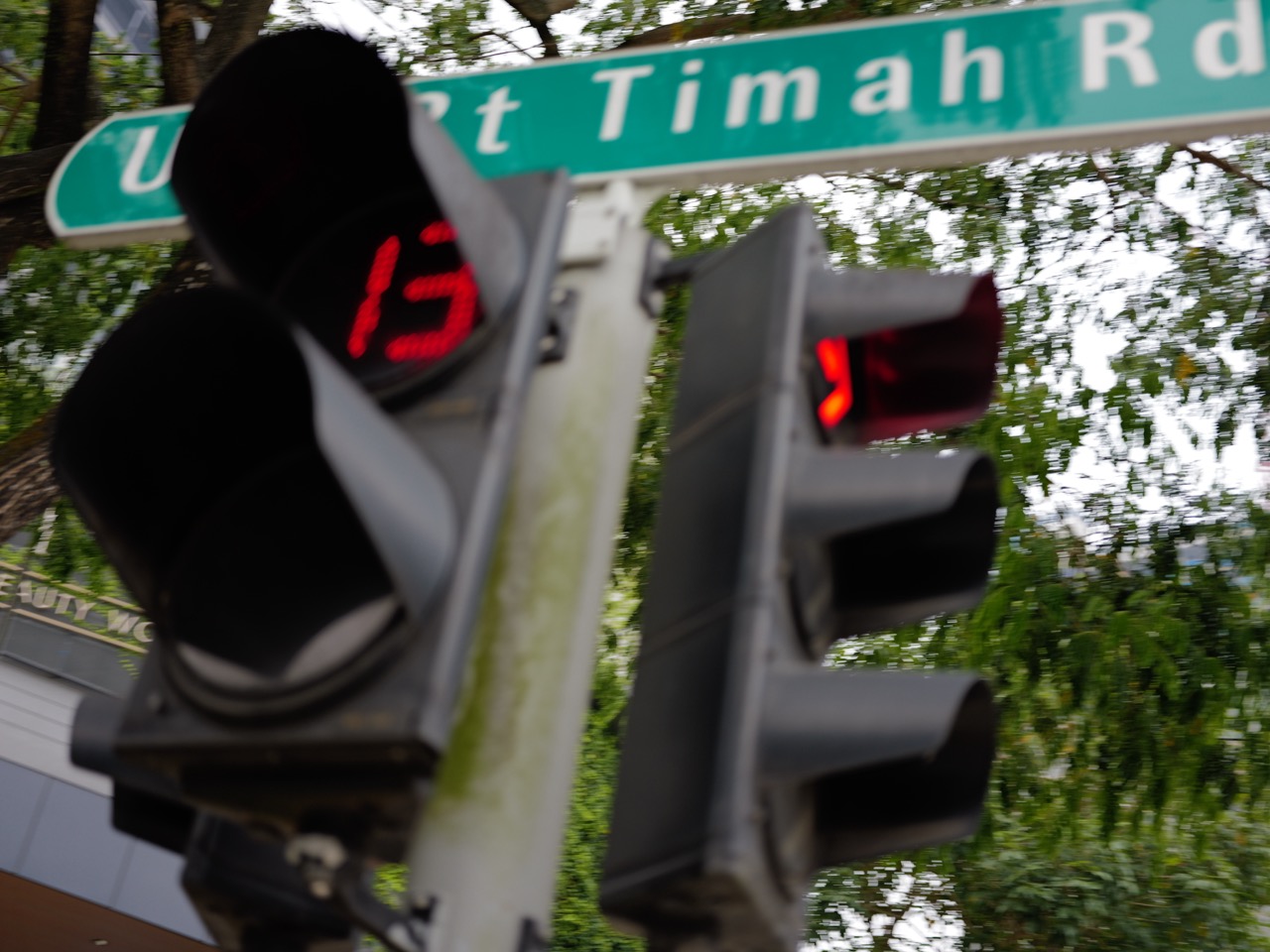 Bukit Timah Road sign beside a pedestrian crossing signal with countdown timer.