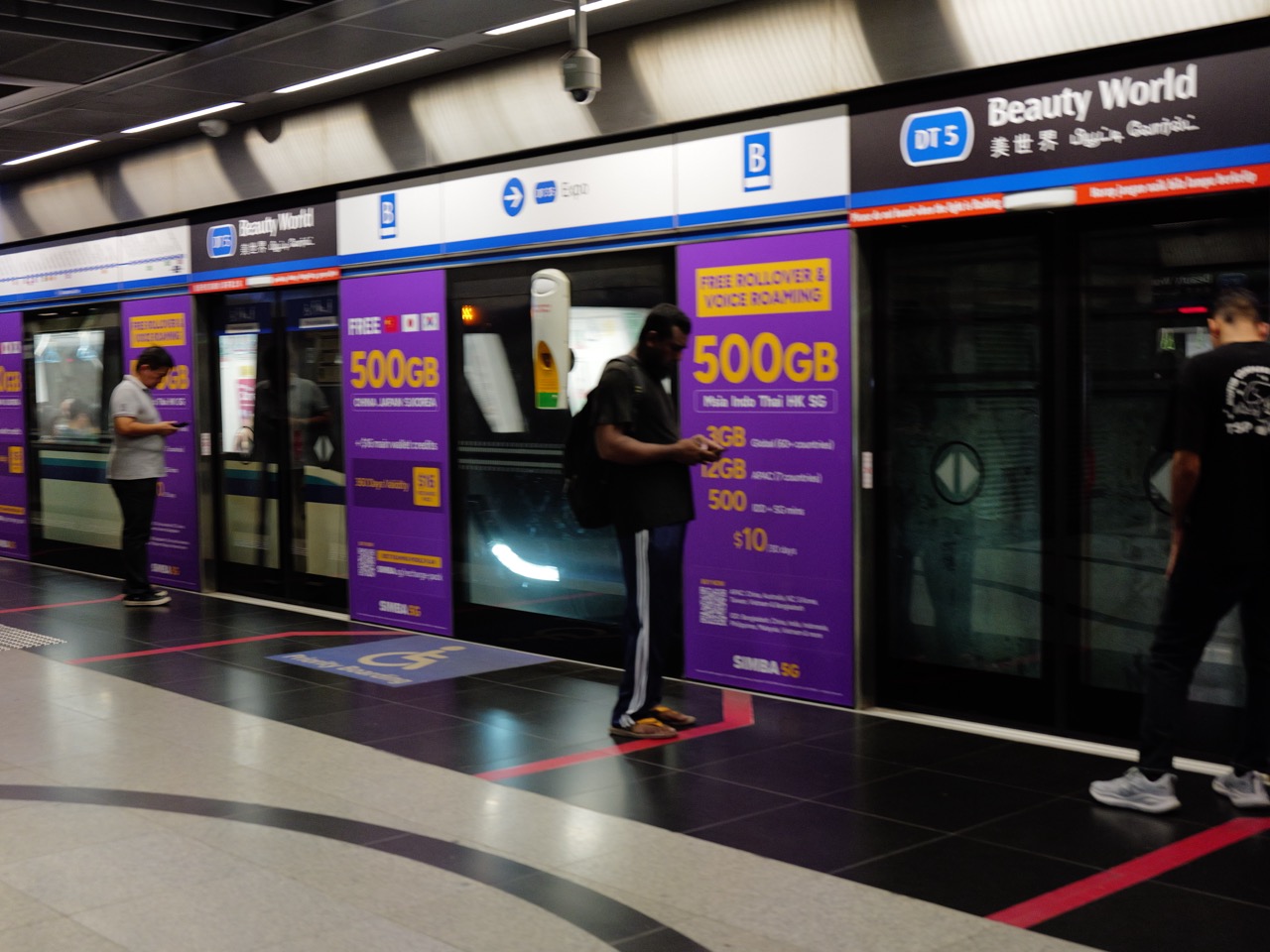 Platform gates and train at Sixth Avenue MRT station with passengers waiting.