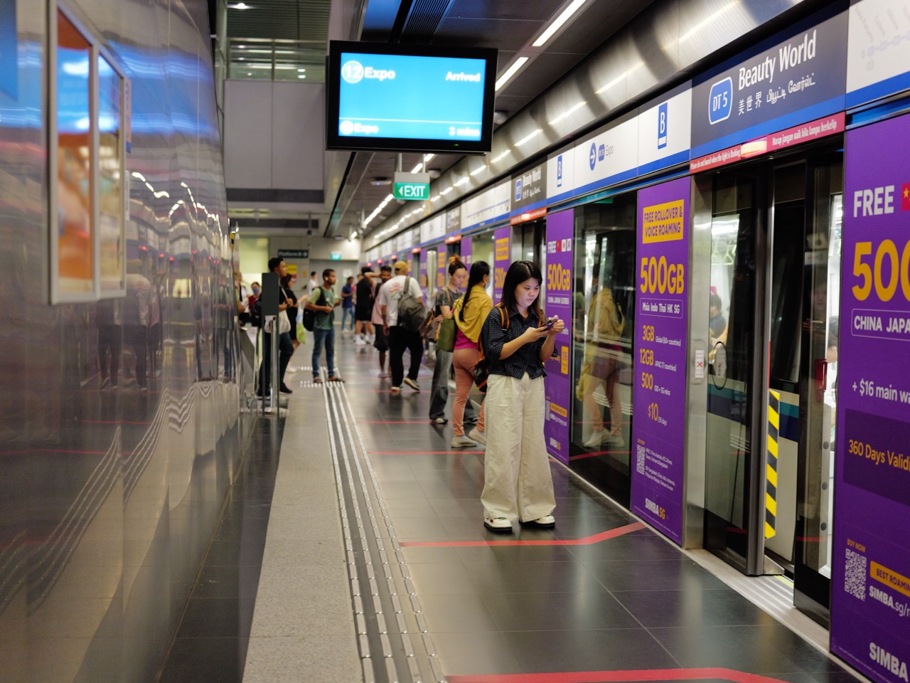 Platform screen doors and train at Beauty World MRT station with passengers waiting.